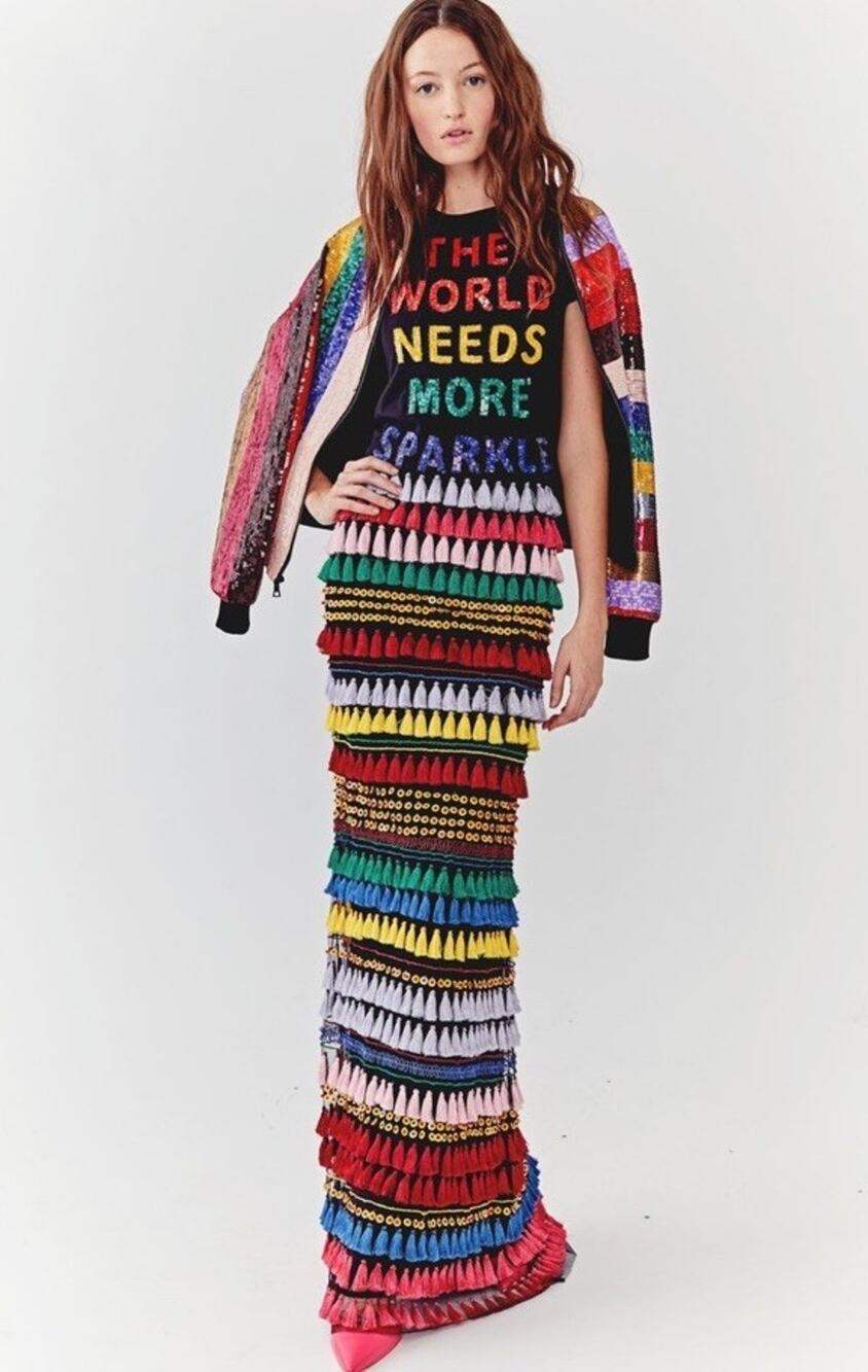 Alice + Olivia Merrill Embellished Tassel Maxi Skirt Rainbow Size 2 $995